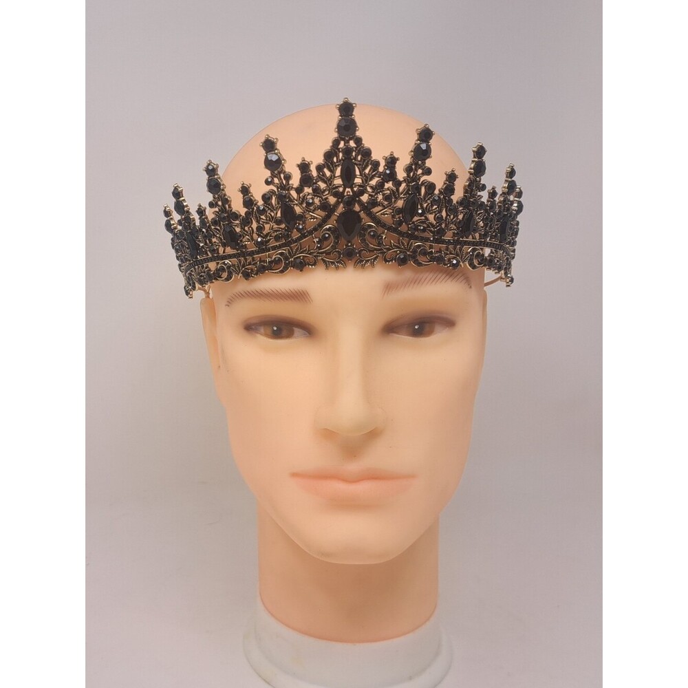 Vintage Women's Crown Costume Jewelry Rhinestone Metal Victorian Royal Black - Picture 2 of 13
